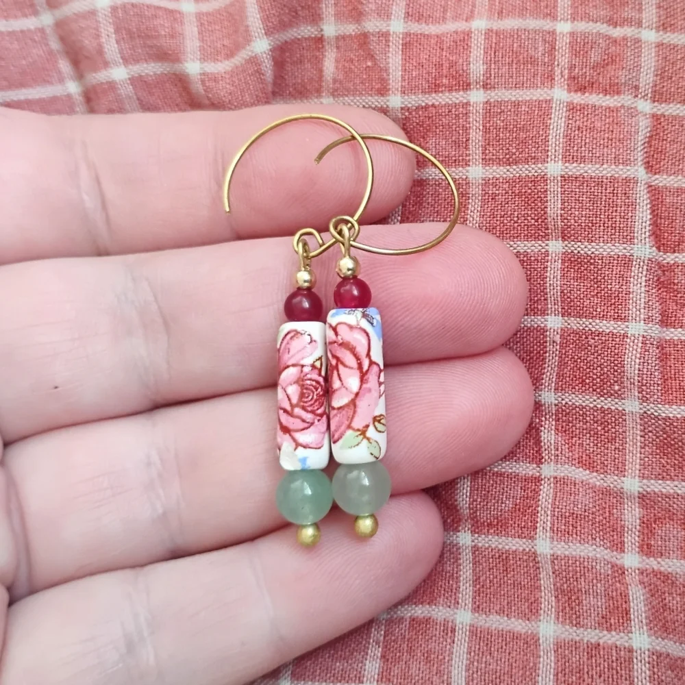 SOLD Handmade Dainty Rose Earrings With Stone Accents - Picture 3 of 5